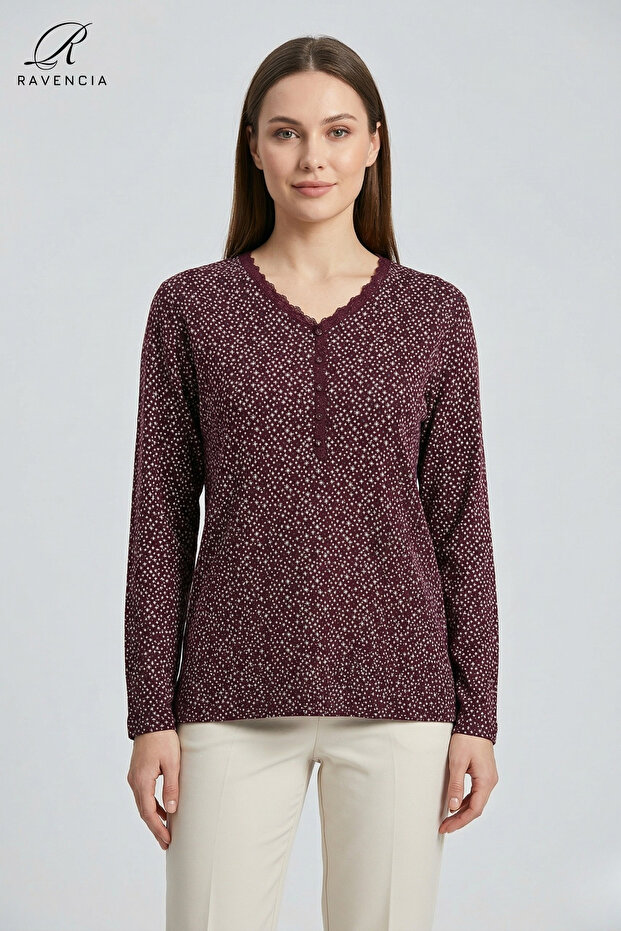 Women's Burgundy Plus Size Star Patterned V-Neck Buttoned Lycra Mother Combed Cotton Blouse
