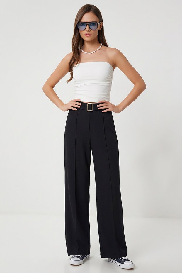Belted Ribbed Detailed Knitted Trousers Lub0329 Black