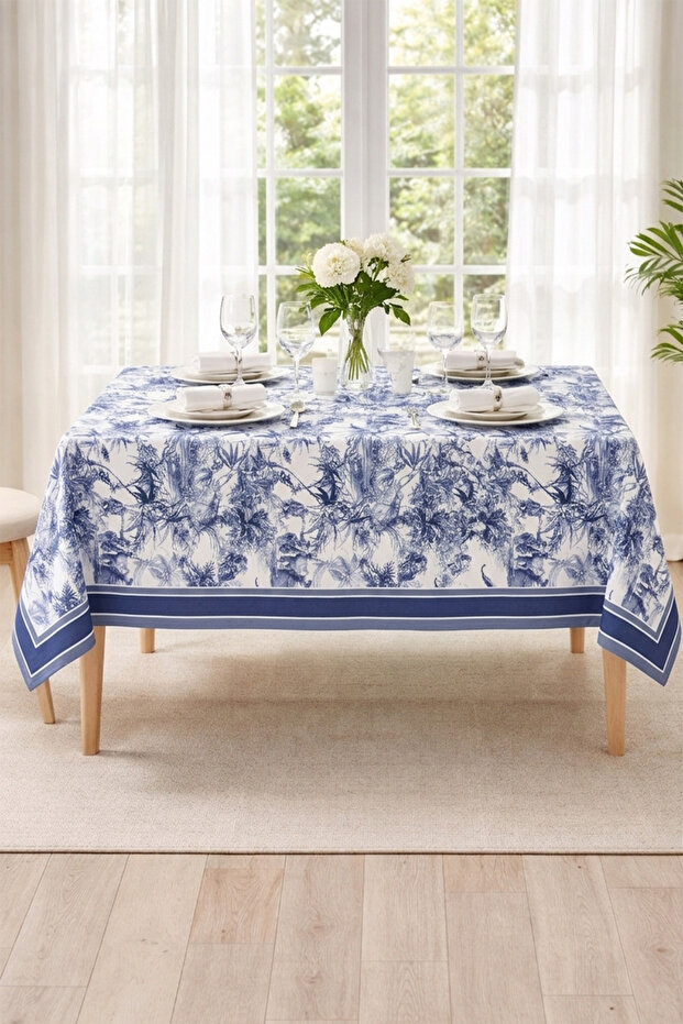Soft Textured Printed Blue French Pattern Rectangular Kitchen Living Room Garden Balcony Tablecloth