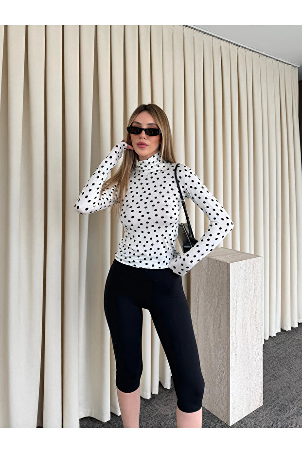 White Turtleneck Lycra Polka Dot Blouse - 0667