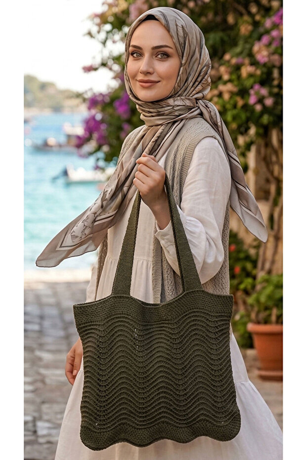 Wave Patterned Knitted Summer Bag Khaki