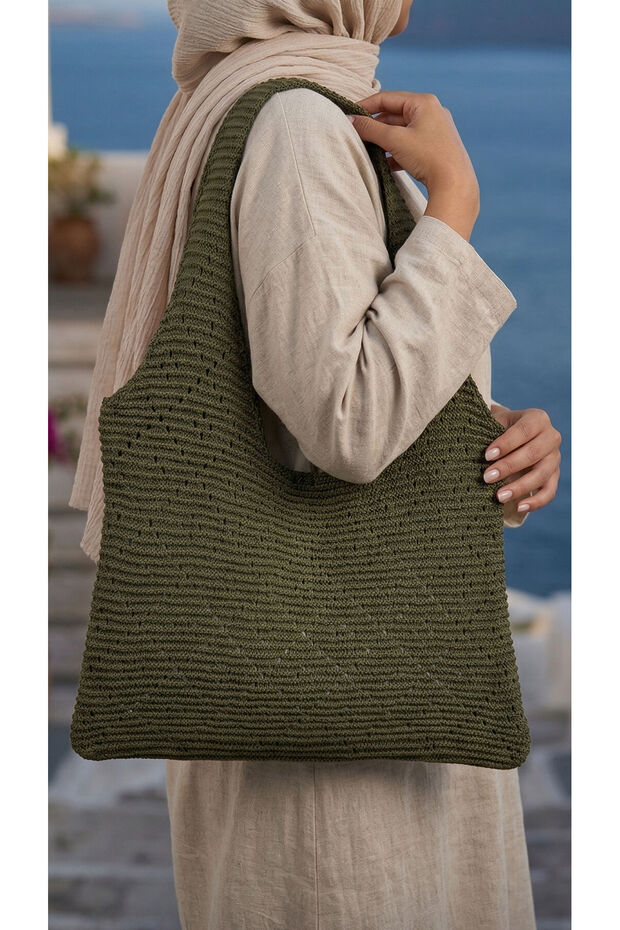 Baklava Patterned Knitted Summer Bag Khaki
