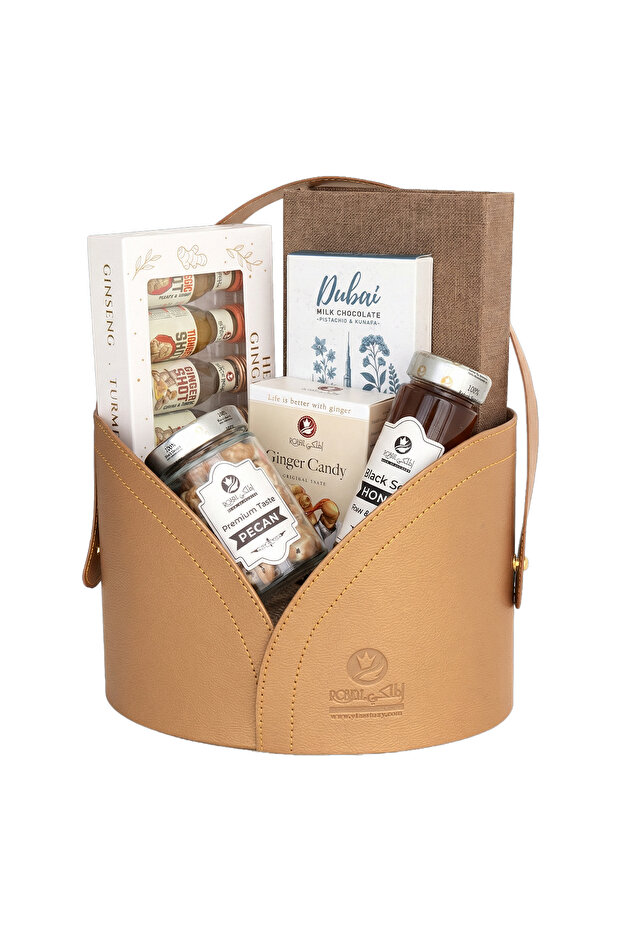 Gift Hamper with Black Seed Honey, Dates, Chocolate Nuts, Travel Kit & Ginger Candy
