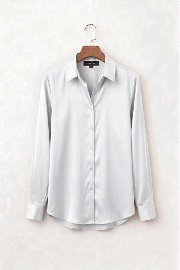 Women's White Satin Shirt Long Sleeve Stylish Classic Office Casual Shiny Fabric Button up Blouse