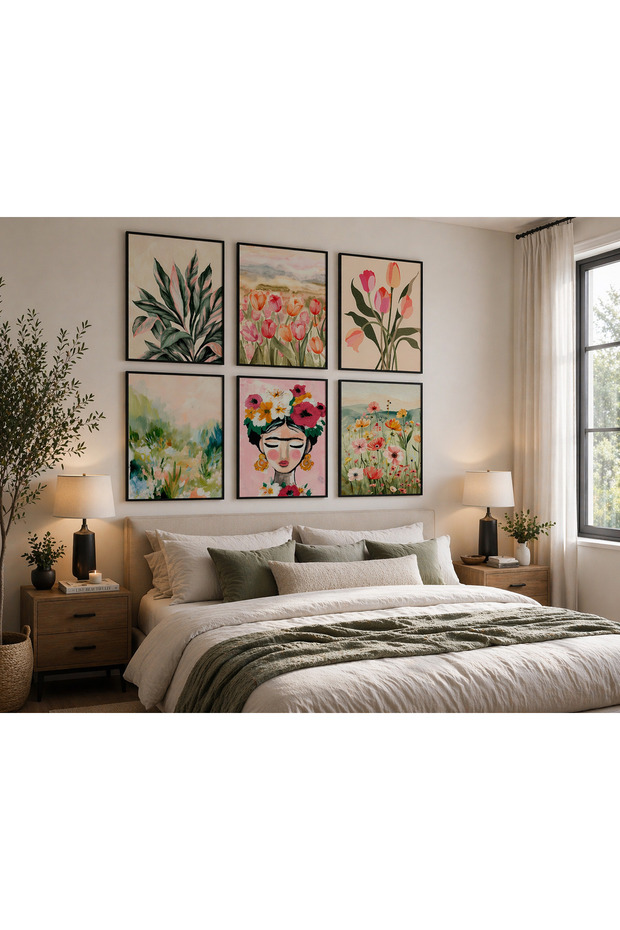 6-Piece Painting Set with Wooden Frame – Floral & Botanical Modern Wall Decor for Living Room Bedroom