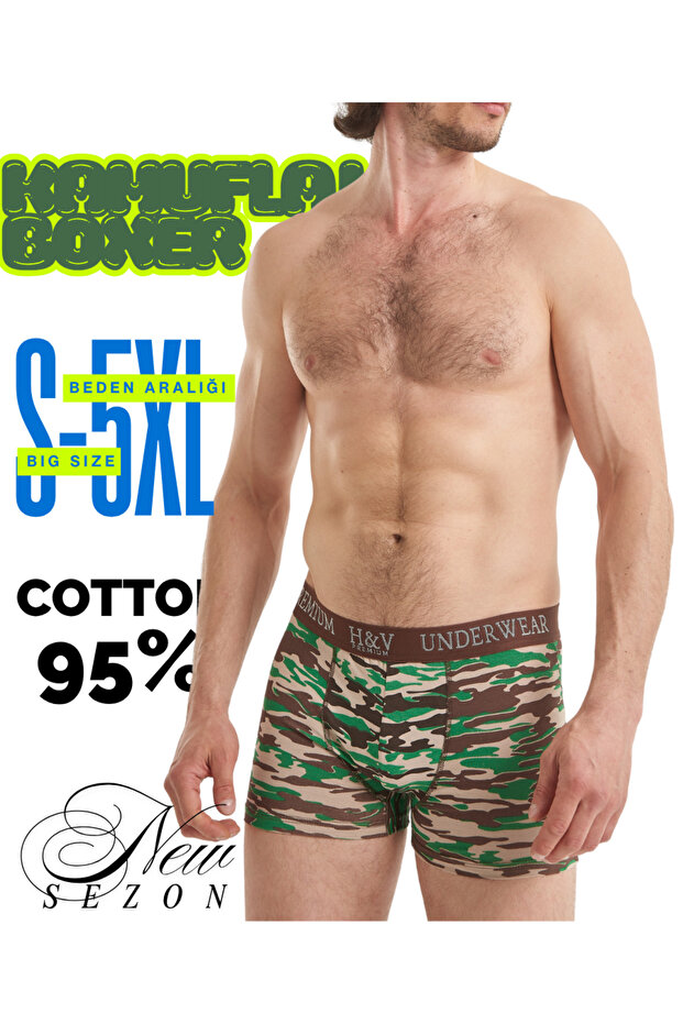 Camouflage Patterned Green Flexible Elastic Waist Boxer Shorts - Does Not Cause Irritation and Odor
