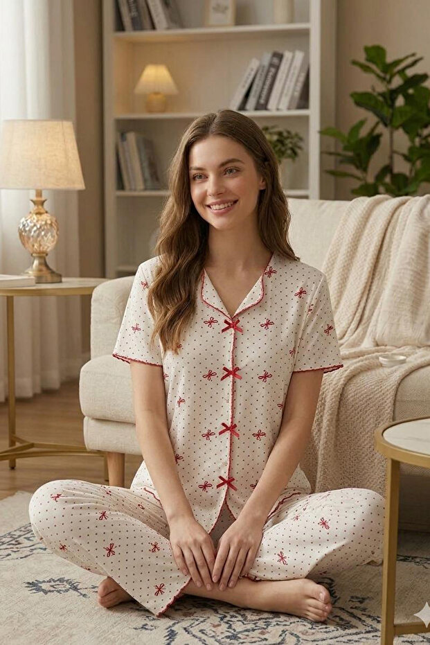 Bow and Polka Dot Patterned V-Neck Pajama Set - 2