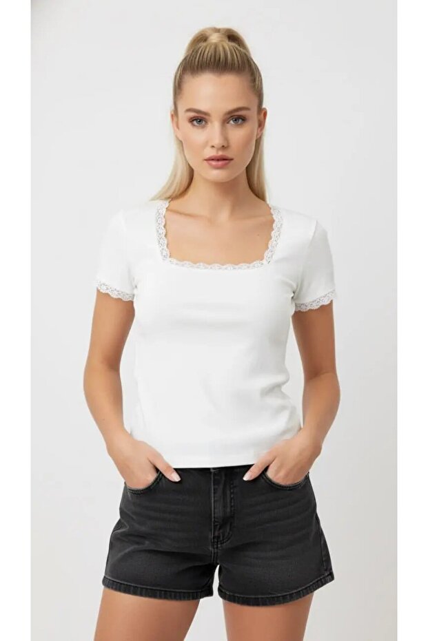 26016 Women's Lace Detailed Square Neck Modal Knitted Blouse