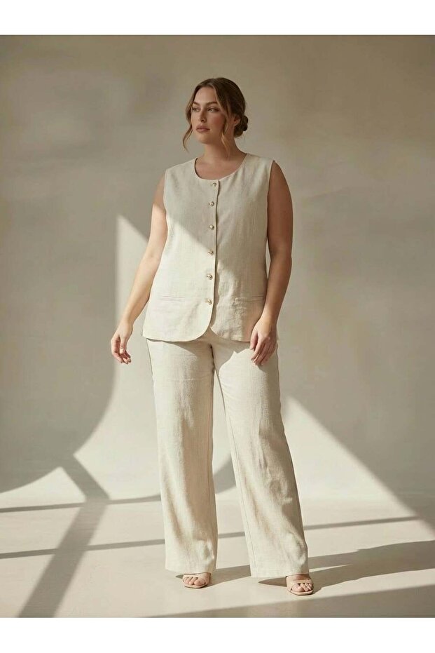 Women's Plus Size Buttoned Vest Trouser Set Ecru
