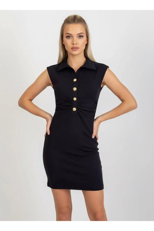 26008 Women's Polo Collar Mini Length Half Placket Buttoned Oysho Fabric Knitted Dress