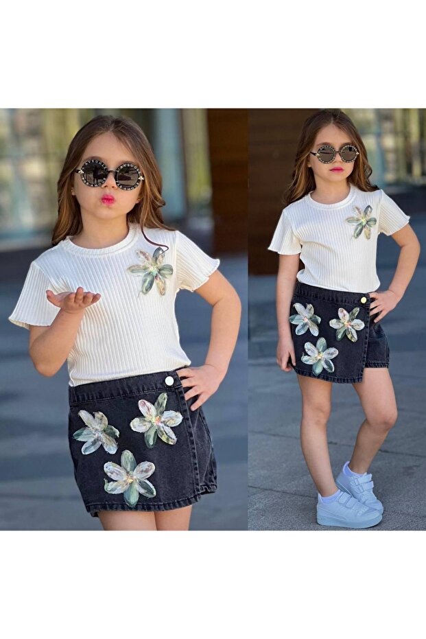 Girl's White Blouse with Floral Black Skirt Set-2526Y
