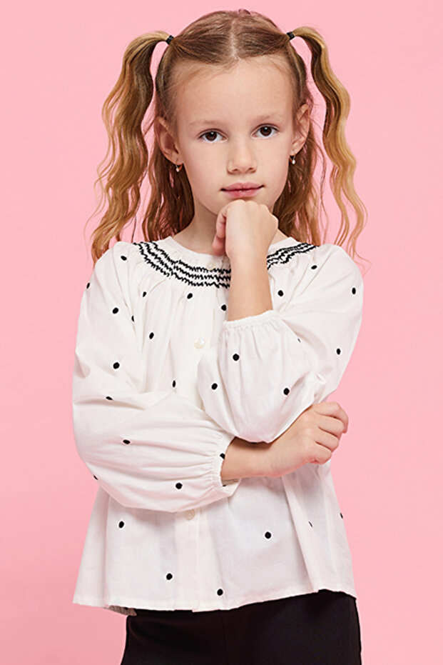 Embroidered Top with Round Neck and Puff Sleeves