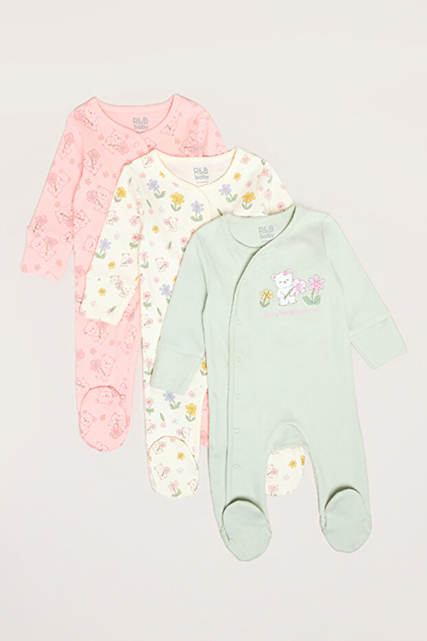 3 Pack Printed Footed Sleepsuits