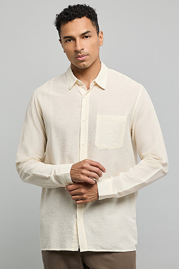 Textured Shirt with Classic Collar and Long Sleeves