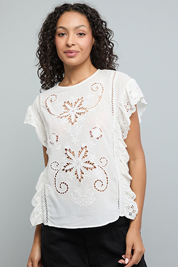 Cut-Out Detail Top with Crew Neck and Flutter Sleeves