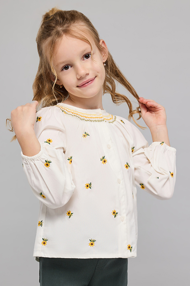 Embroidered Top with Round Neck and Puff Sleeves