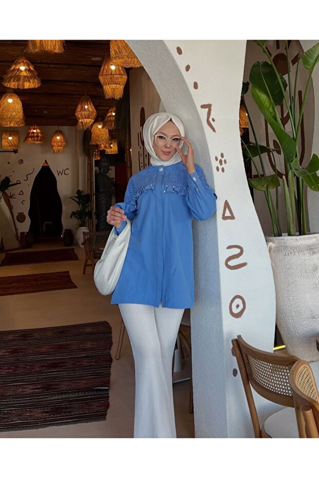 Stylish Tunic with Hidden Front Placket, Ruffles and Embroidery Detail