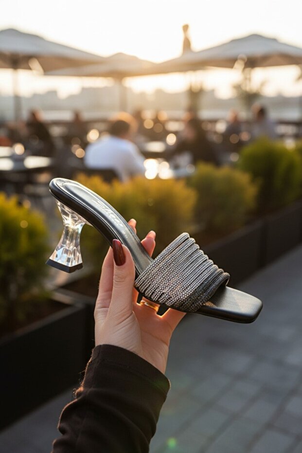 Women's Multi-Stone Striped Transparent Goblet Heeled Slippers