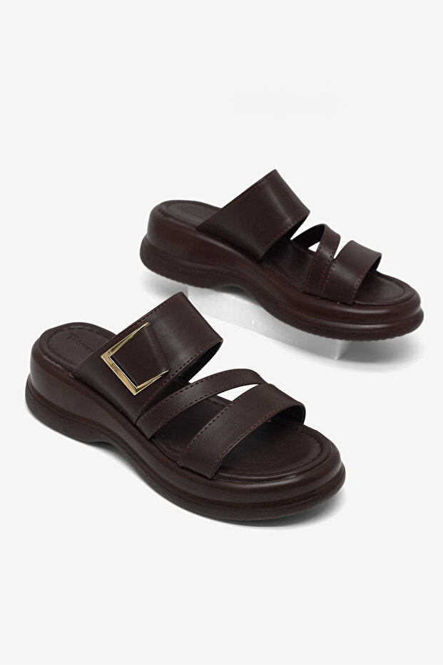 Women's Brown Comfortable Buckle Double Strap Slippers