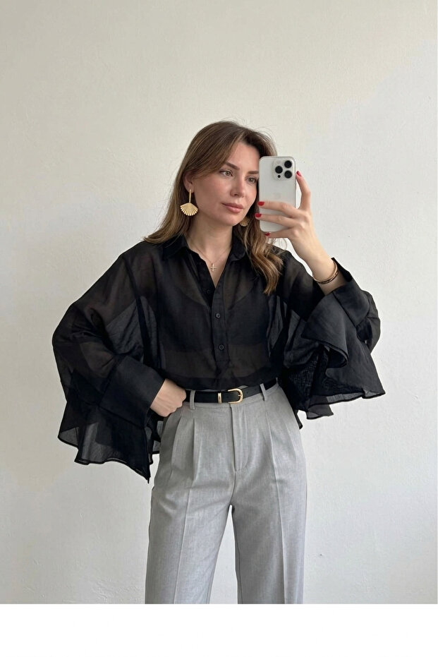 Black Transparent Ruffle Detailed Batwing Blouse - 5031