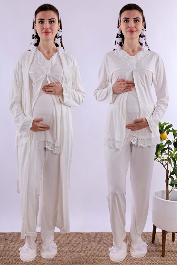 Cotton Piece Maternity and Breastfeeding Pajama Set with Dressing Gown Effortt - Ecru