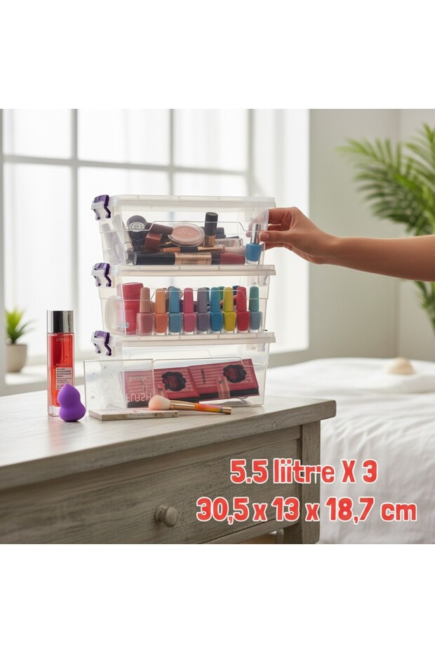 Set of 3 5.5 Liter (5.5X3) Horizontal Food Storage Containers with Plastic Locking Lids Kitchen Interior-Exterior Organizer