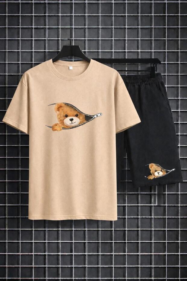 Unisex Zippered Bear Printed Shorts and T-Shirt Set