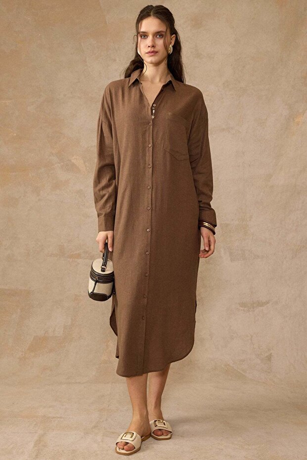 Button Closure Casual Linen Dress Brown 9456-E