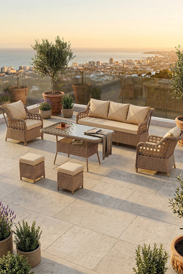 Canisa Anemon Serisi 3+1+1+2 Puf Cappucino Rattan Cappucino Minder Bahçe Balkon Oturma Koltuk Takımı