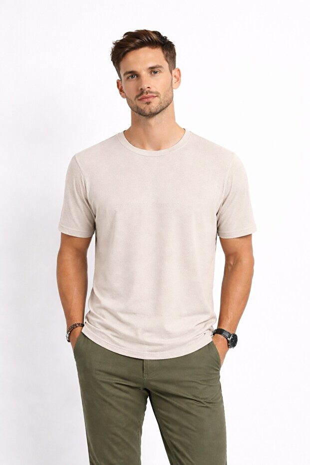 Men's Crew Neck Self-Patterned T-Shirt 44420 Sand