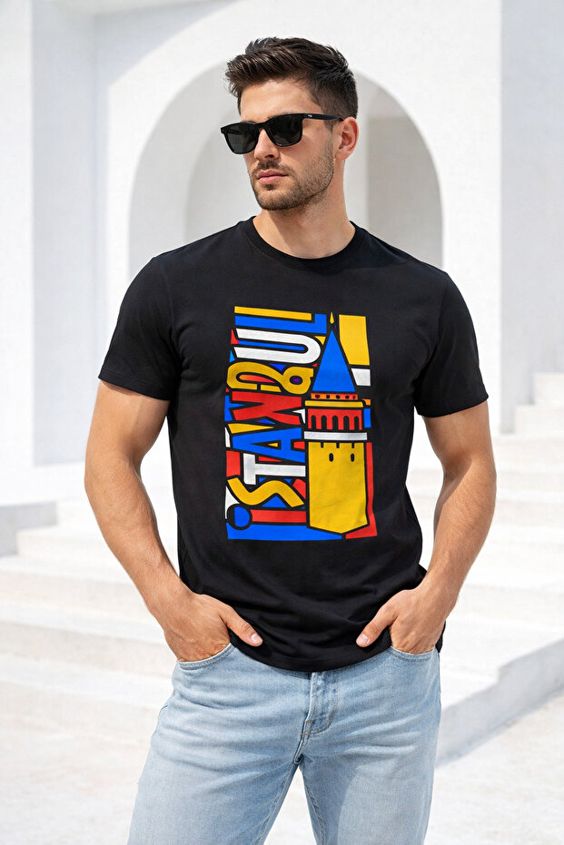 Men's Black 100% Cotton Istanbul Printed Crew Neck Short Sleeve T-Shirt