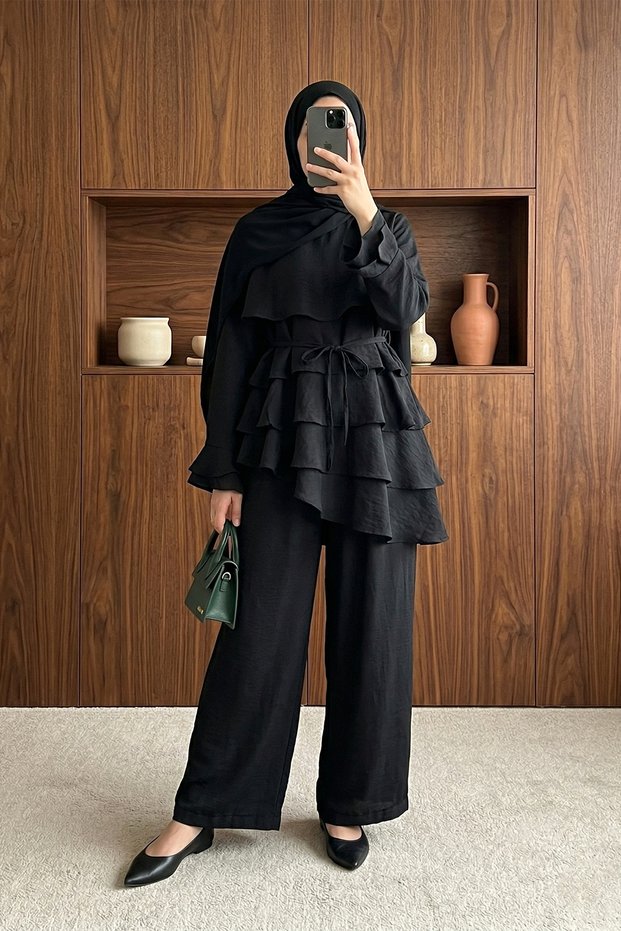 Asymmetrical Layered Lined Cupra Tunic Trouser Set - Black
