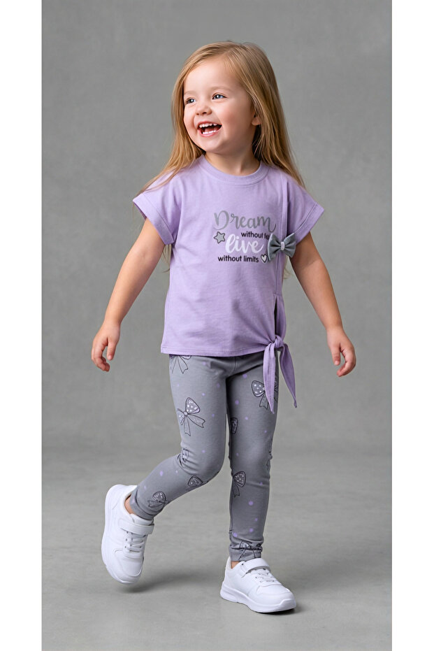Cotton Girls' Top and Bottom Set - T-Shirt with Tie Detail and Leggings with Bow Pattern