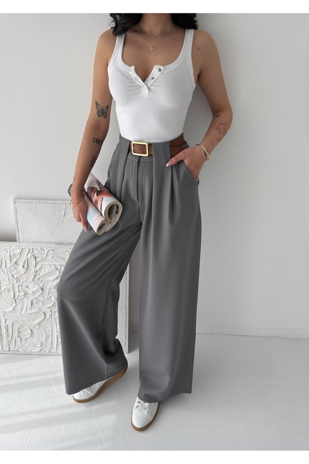 Trendy Pile Belt Detailed Wide Leg High Waist Trousers