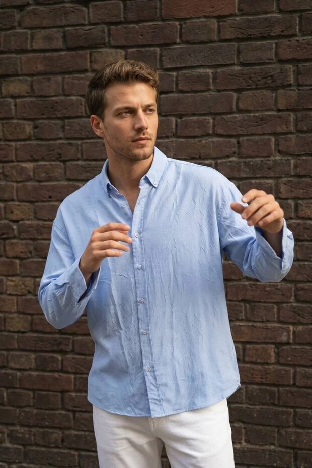 Men's Wrinkle Effect Shirt Blue Relaxed Fit Summer Long Sleeve Ls-13036