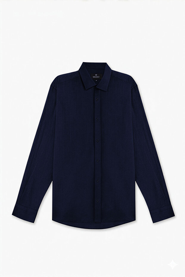 Slim Fit Linen Cotton Navy Blue Summer Shirt
