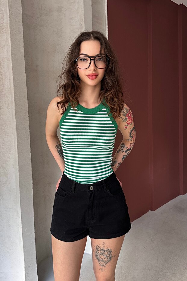 Cycling Collar, Thick Striped Bib, Flexible Camisole Fabric, Striped Sleeveless Long Tank Top