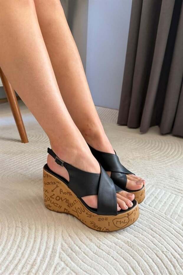 Women's Forge Black 10 cm Padded Written Cork Sole Shoes & Sandals
