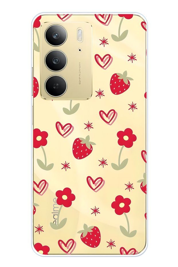 Realme C75 Compatible Strawberry and Heart Pattern Transparent Phone Case