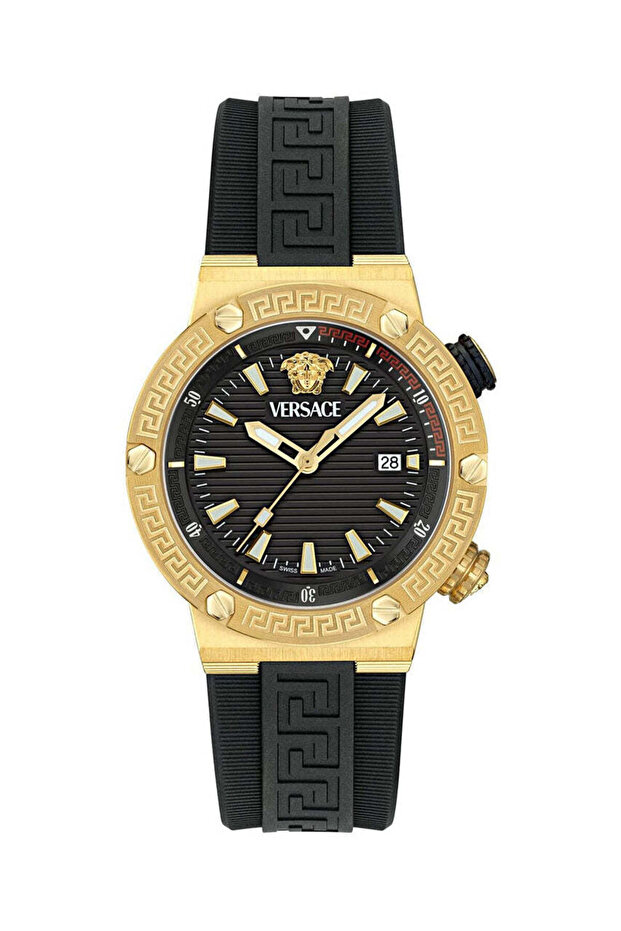 Greca Logo DIVER Black Dial Black Strap Swiss Movt Gold Watch - VE8G00324