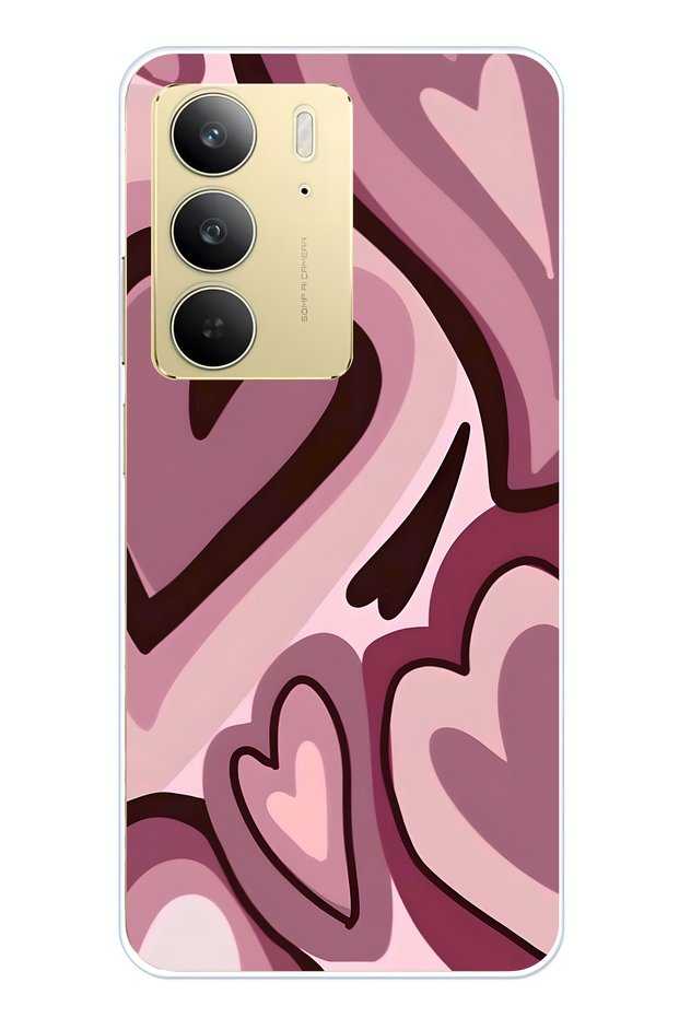 Realme C75 Compatible Burgundy Heart Patterned Transparent Phone Case