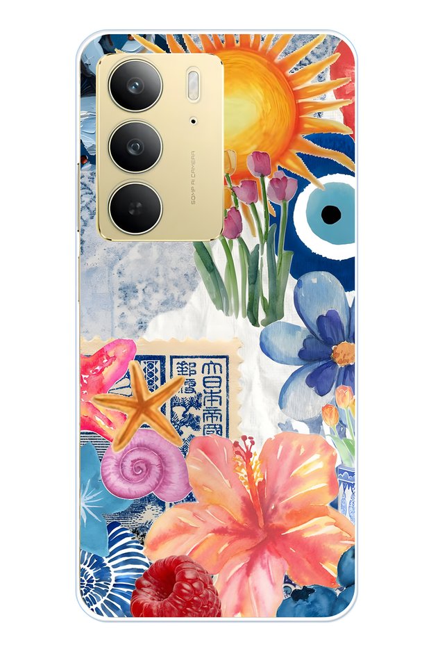 Realme C75 Compatible Transparent Phone Case with Sunflowers and Evil Eye Bead Pattern