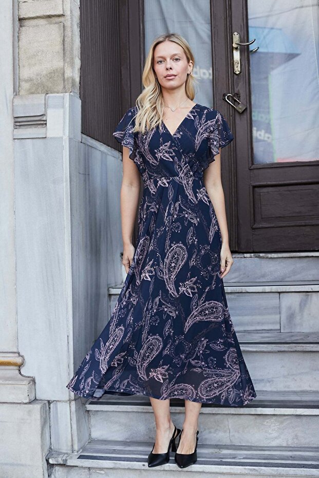 Women's Patterned Tulle Double-Breasted Dress with Flounce Sleeves and Long Lycra Lining - Navy Blue Shawl Pattern