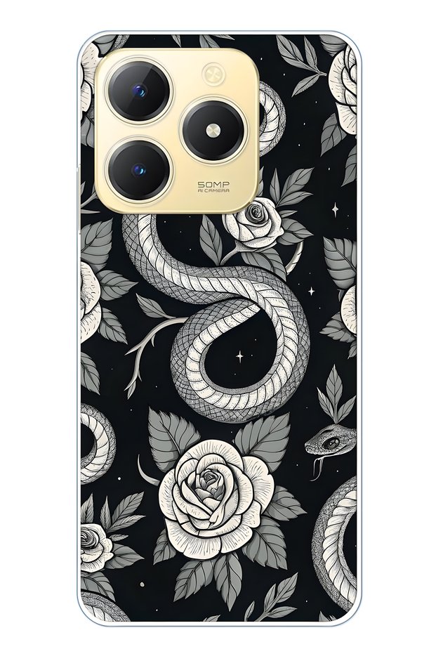 Realme C61 / C63 Compatible Black Rose and Snake Pattern Transparent Phone Case