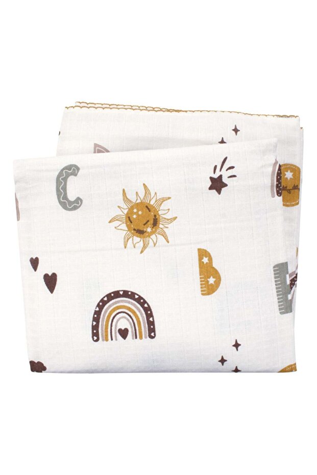 Unisex Ecru Mustard Heart Rainbow Patterned Pique Muslin Blanket 100X100Cm