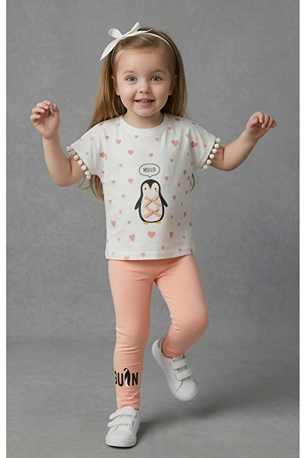 Penguin Figured Cotton Girls' Set - T-Shirt with Pompom and Leggings Set