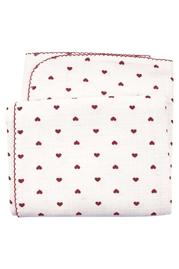 Baby Girl Ecru Red Piping Heart Patterned Pique Muslin Blanket 100X100Cm