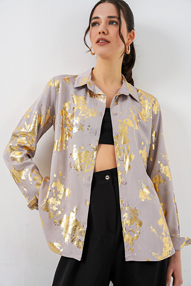 Women's Foil Patterned Shirt 20253 - Golden Yellow