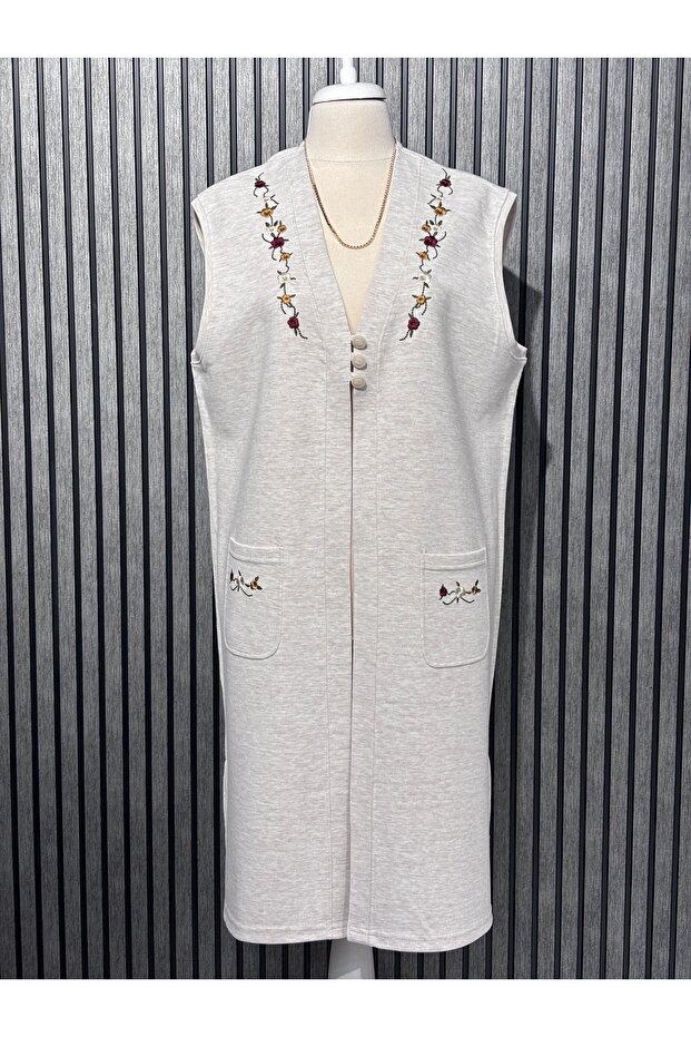 Steel Mesh 3-Button Colorful Floral Embroidered Slit Mother's Tunic Vest Ecru