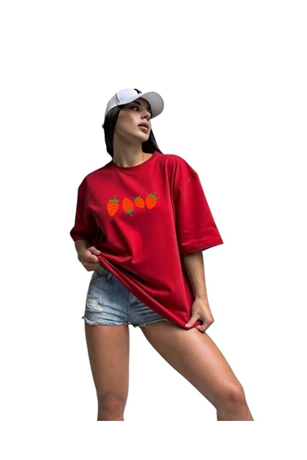 Strawberry Printed T-Shirt Oversize Unisex T-Shirt 3Pv4